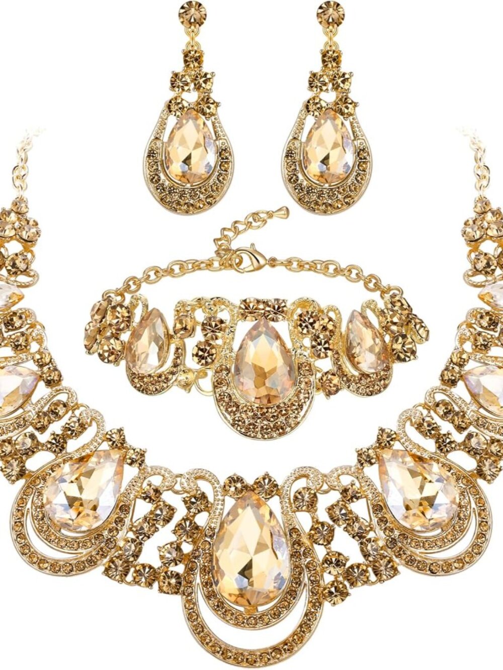 Women's Teardrop Crystal Statement Necklace Cluster Hollow Dangle Earrings Chain
